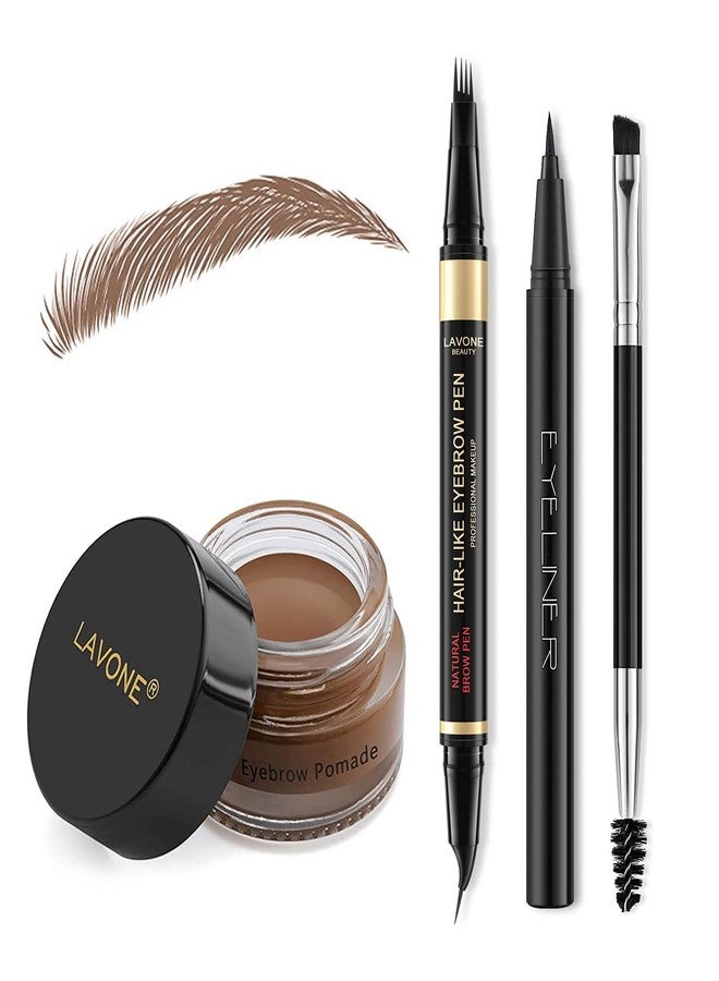 LAVONE Eyebrow Makeup Kit, with Waterproof 4 Tip Curved Eyebrow Pen, Eyebrow Pomade, Eyeliner and Dual-ended Eyebrow Brush - 02 Soft Brown